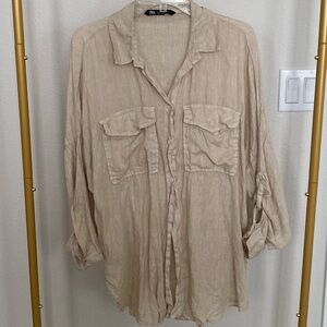Zara Linen Double Front Pocket Button Up Shirt in Beige